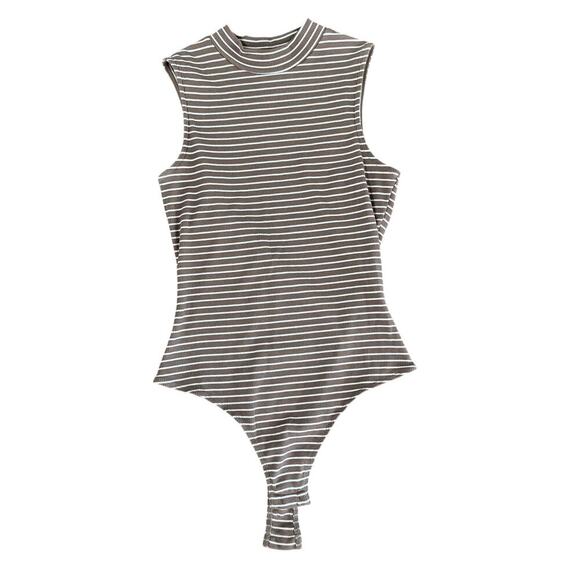 White and Brown Beige Striped Sleeveless Tank Bodysuit Women's Size Medium - Picture 1 of 4